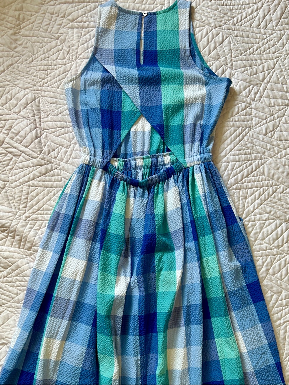 Ann Taylor LOFT Seersucker Plaid Sleeveless Midi Dress W/ Peekaboo Open Back - Picture 4 of 5